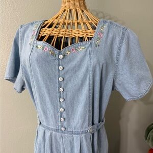 Erika Vintage Women’s Medium 100% Cotton Light Denim Embroidered Maxi Dress